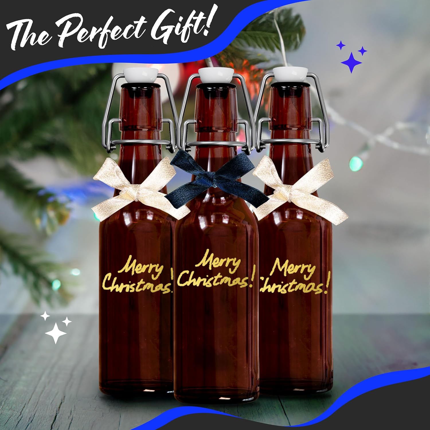 Nevlers 8.5 Oz Amber Swing Top Glass Bottles with Airtight Lid | Beer Bottle with Stopper 18 Pack w/Funnel, Brush & Marker | Reusable Flip Top Glass Bottle Set | Homemade Vanilla Extract Bottles