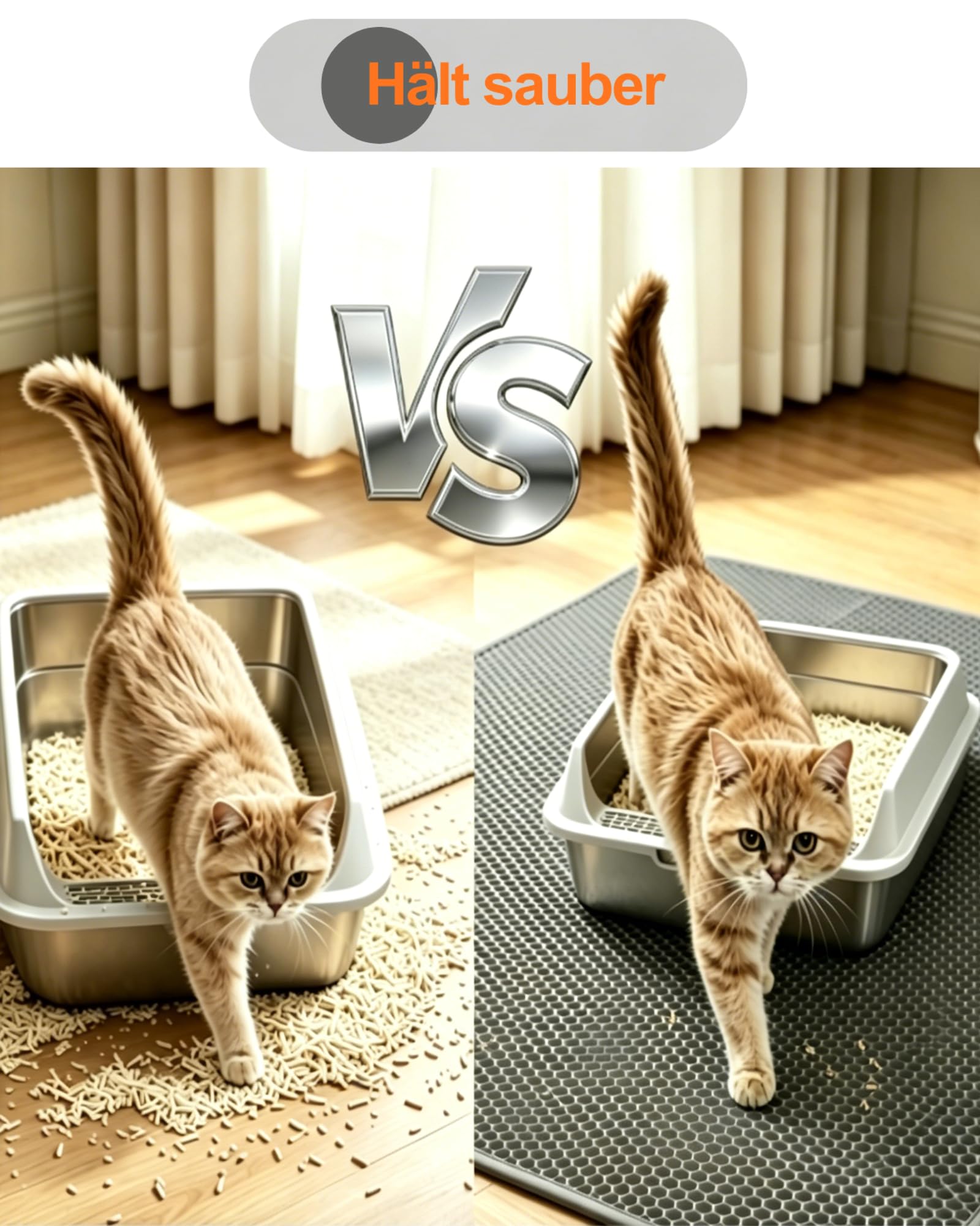 Katzenklo Matte Groß XXL 90x60 cm Waben Doppelschicht Katzenstreu Matte, Urin- & Wasserdichte Katzenklo Unterlage, Rutschfeste Katzenstreumatte für den Boden, Leicht zu reinigen, Grau