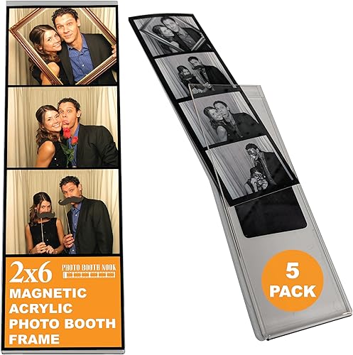 Photo Booth Nook | Marco de fotos magnético de 2 x 6 pulgadas (5 unidades) | Acrílico transparente, imán fuerte con inserciones plateadas
