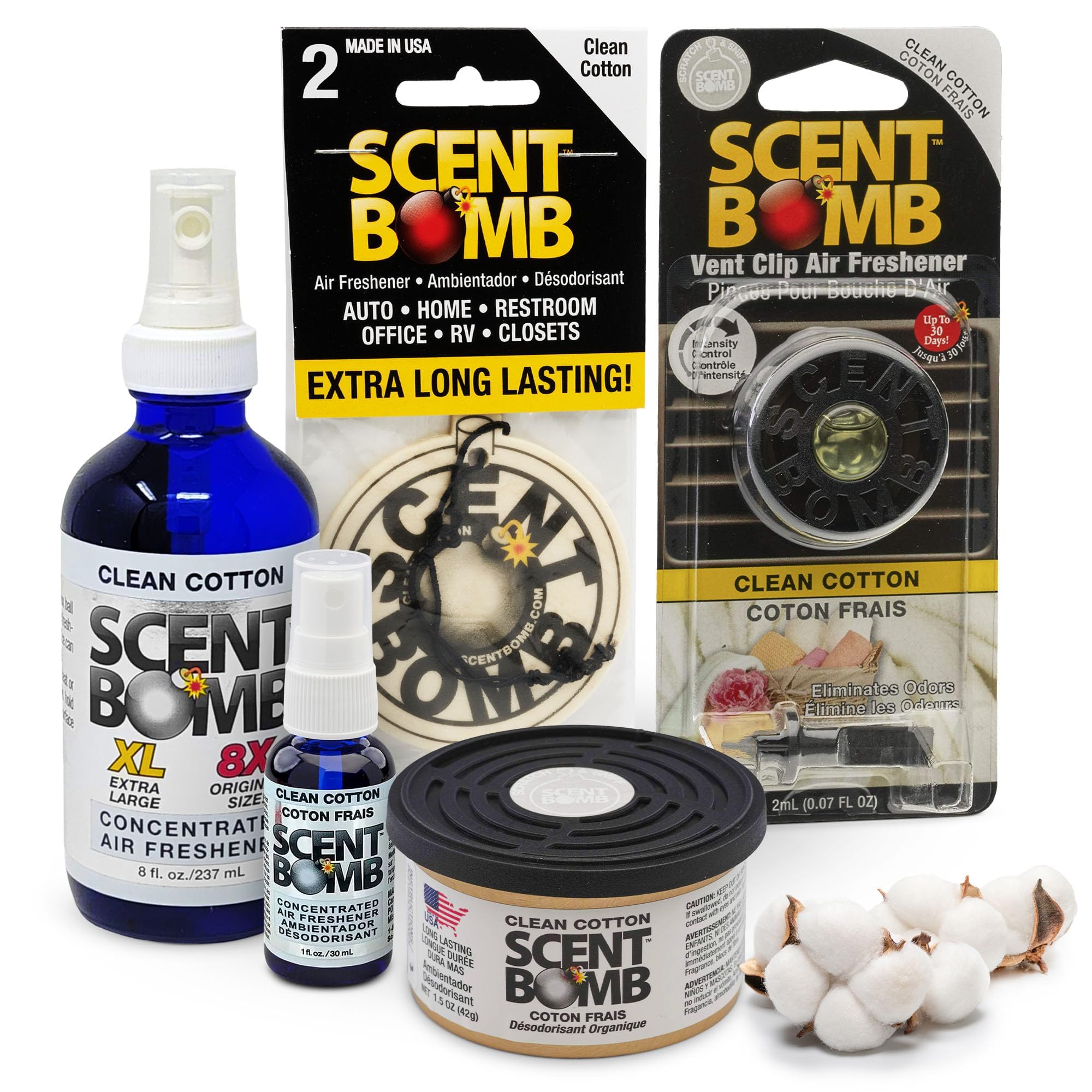 Scent BombAir Freshener Bundle - 1 oz & 8 oz Bottle Sprays, Vent Clip, Organic Cans, Hanging Circle - Continuous Freshness & Long-Lasting Odor Eliminator for Car, Home, Bathroom - Clean Cotton