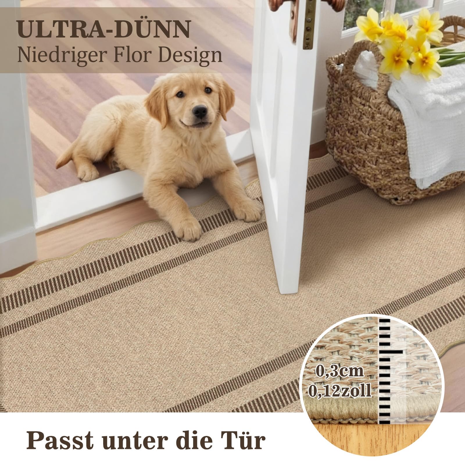 Teppich Läufer Flur 80X200cm, Modern Waschbarer rutschfest Jute Küchenteppich Lang, Gestreift Jute Flur Teppich Teppichläufer für Eingang Küche Korridor Schlafzimmer Wohnzimmer Balkon