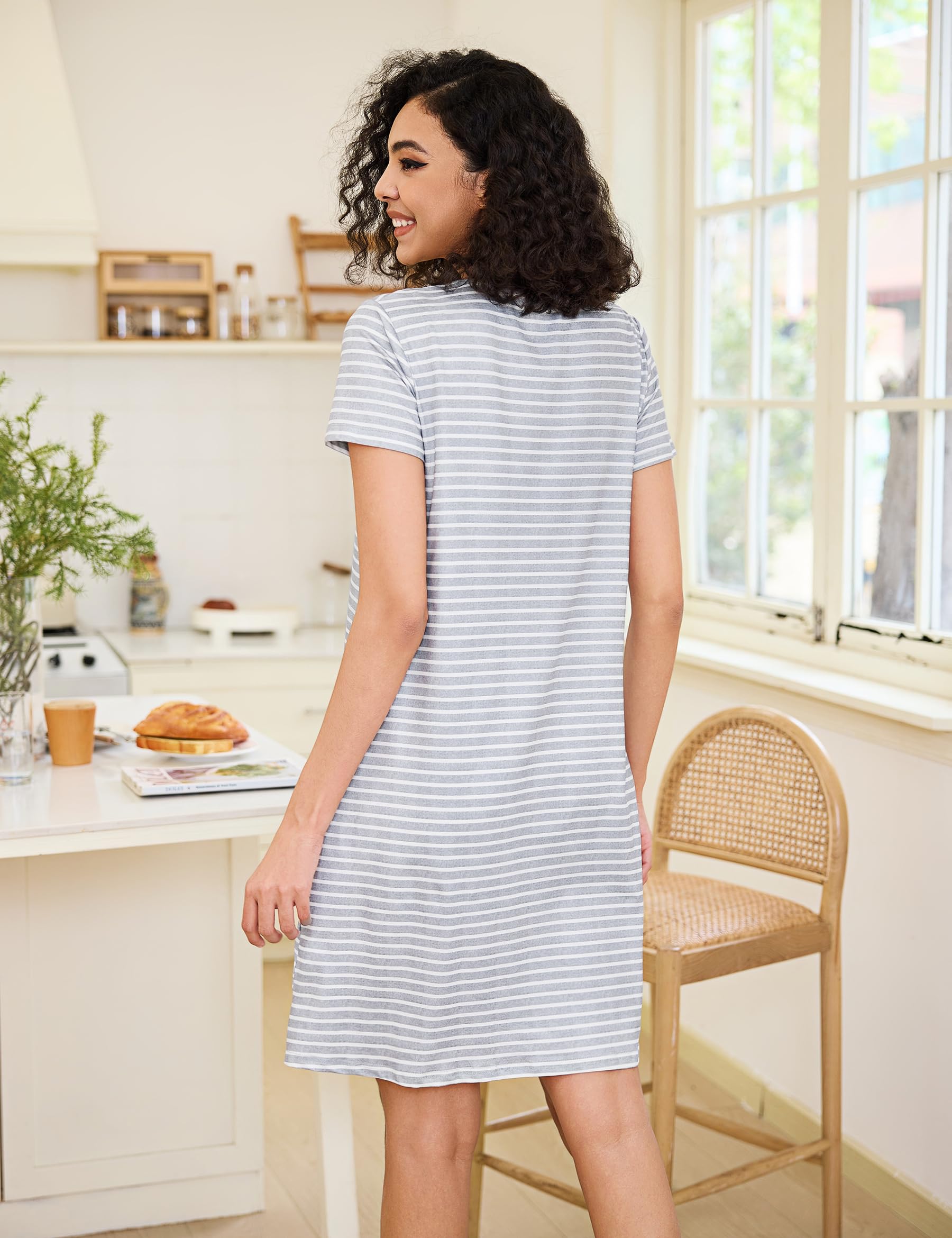 Marvmys Chemises de Nuit Femme Coton Manches Courtes Rayure Robe De Chambre avec Bouton Maternité Vêtements D'Intérieur S-XXL