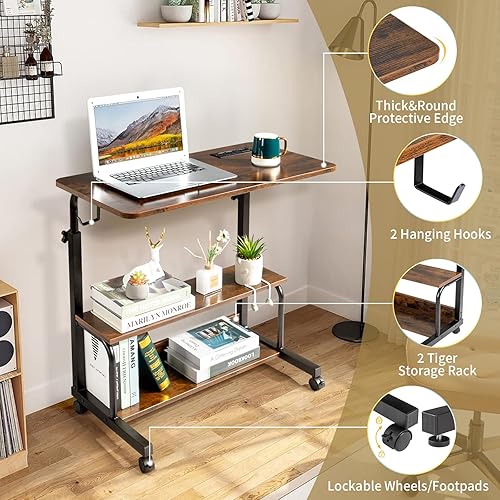 Miniatura 48 de Karl home Mesa móvil pequeña de 23.6 pulgadas, escritorio para computadora con ruedas, altura ajustable, carrito de computadora portátil, mesa Negro