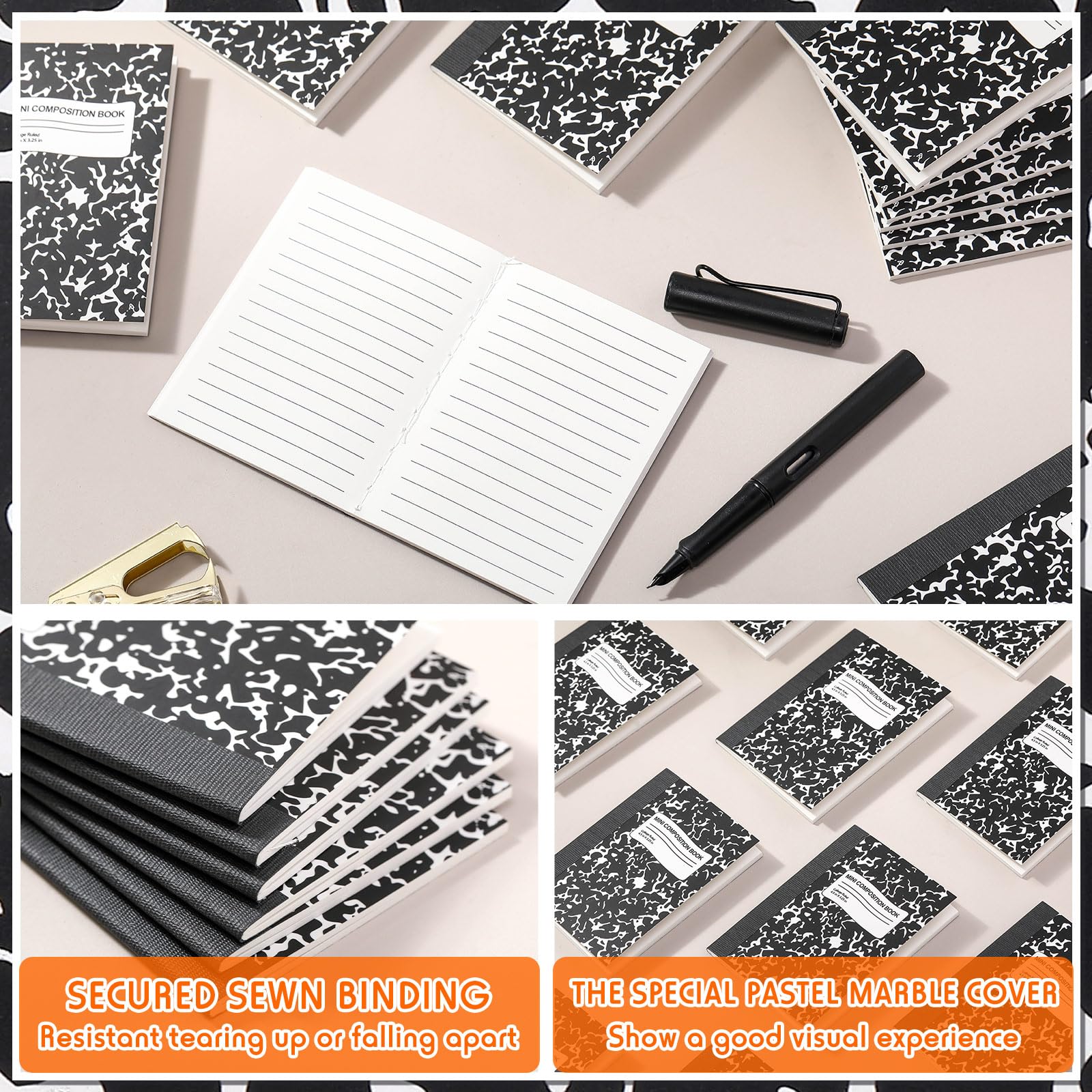 Fainne Confezione da 100 mini quaderni per composizione, 11,4 x 8,4 cm, piccole composizioni a righe strette, blocco note in marmo, per studenti, scuola, università, ufficio, 60 pagine (nero)