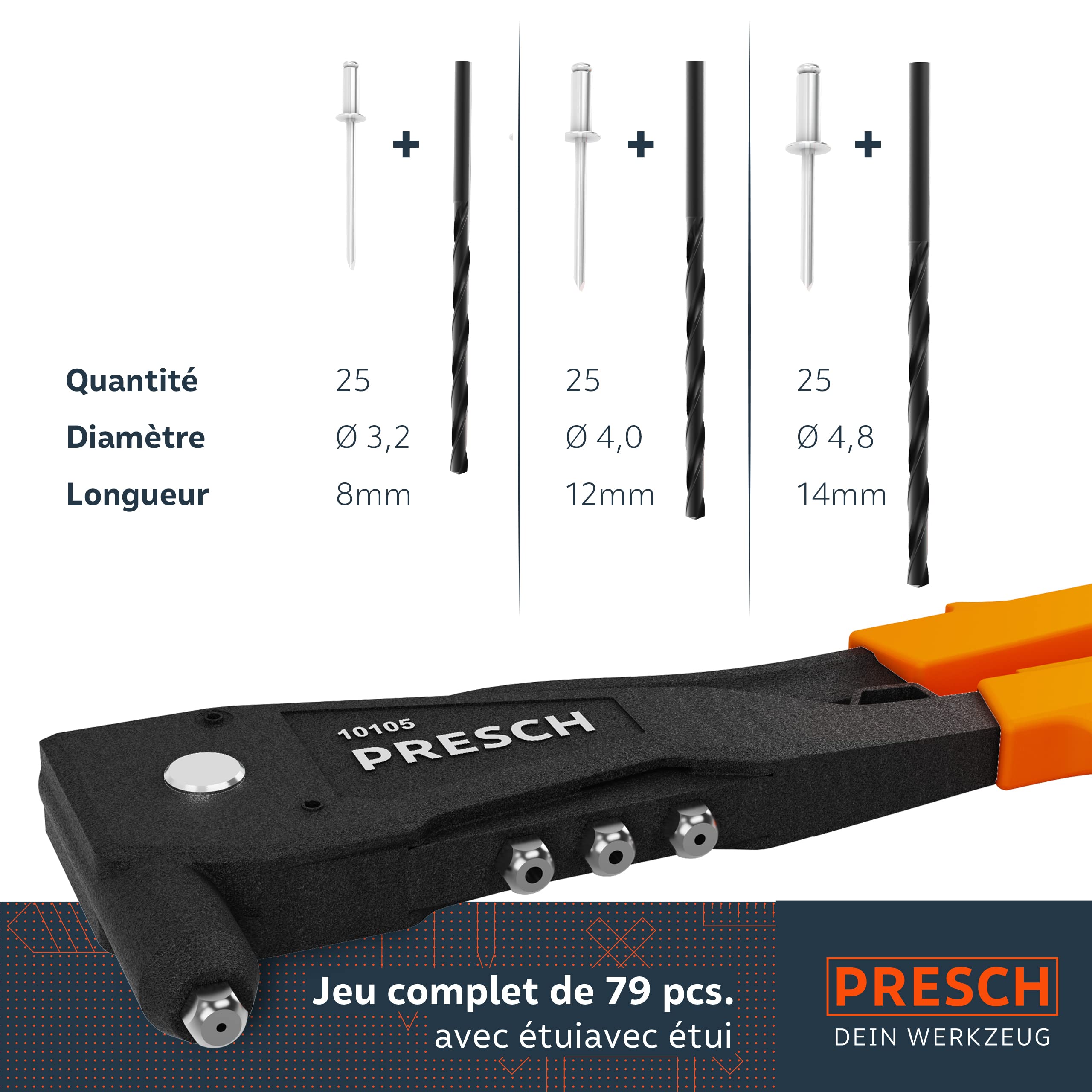 Presch Pince à rivet pour rivets aveugles - 79 pièces en coffret - Avec 75 rivets, forets HSS adaptés et clé de montage avec outil de calibrage - Pince a riveter manuelle