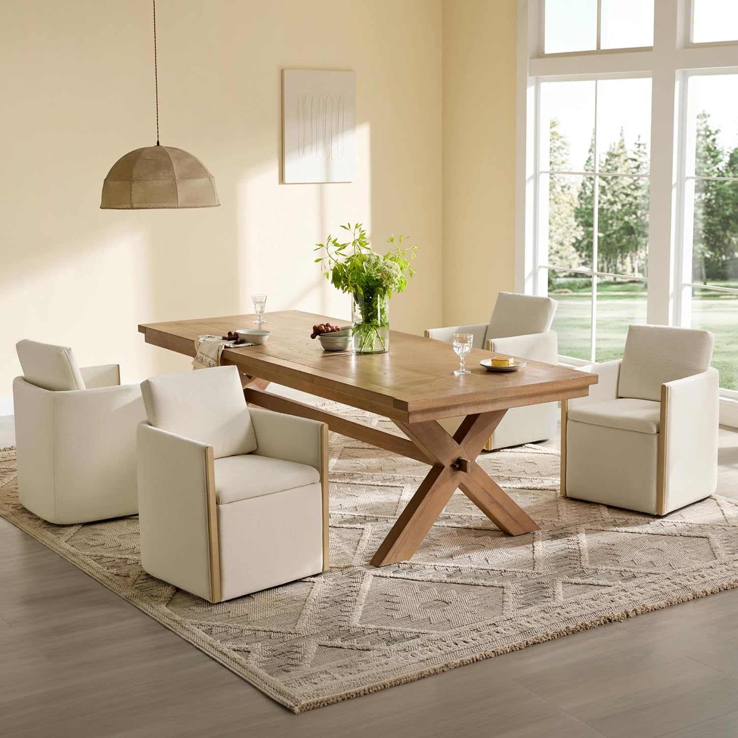 Watson & Whitely Upholstered Dining Chair with Casters, Modern Dining Room Chair with Hidden Seat Storage & Wood Arms, Rolling Dining Chair Chenille Armchair for Kitchen, Living Room, Linen