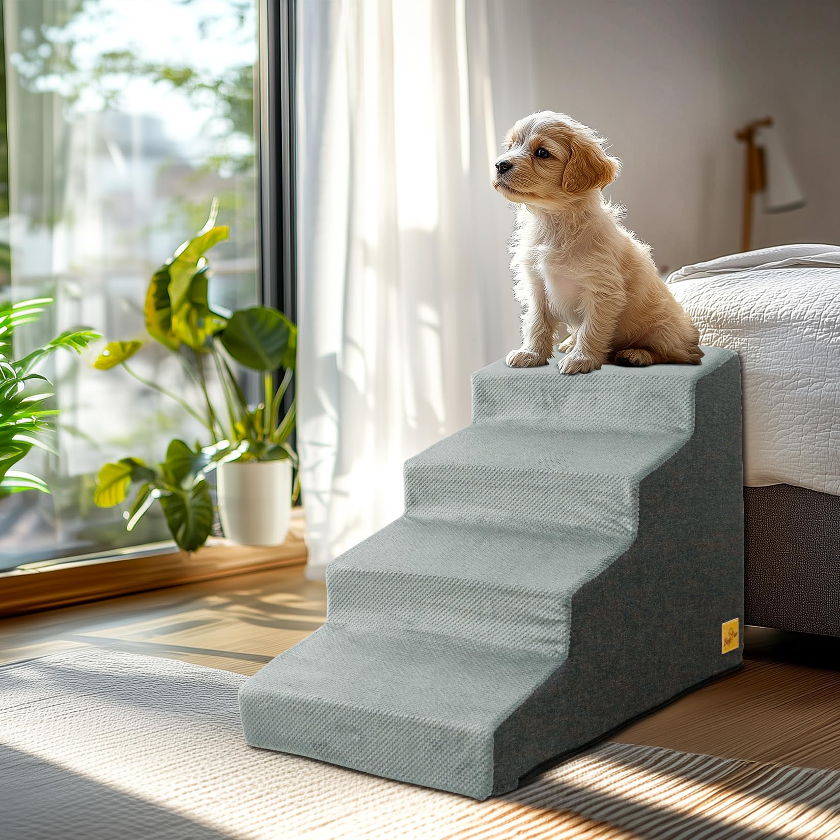 BingoPaw Hundetreppe 4 Stufen 50cm hoch, Haustiertreppe für Bett und Sofa aus Hochdichtem Schwamm, Tragbar Hunderampe mit Abnehmbarem, Waschbarem Bezug und Rutschfestem Boden, 39x76x50cm