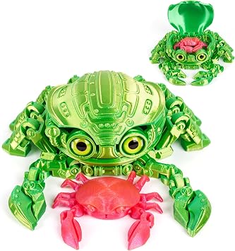 Articulated 3D Printed Crab Toy Set, 2-Pack Movable Joint Crabs with Hidden Storage Shell, PLA Fidget Crab Figurine Desk Decor for Kids Adults, Office Companion & Gift Green & Pink