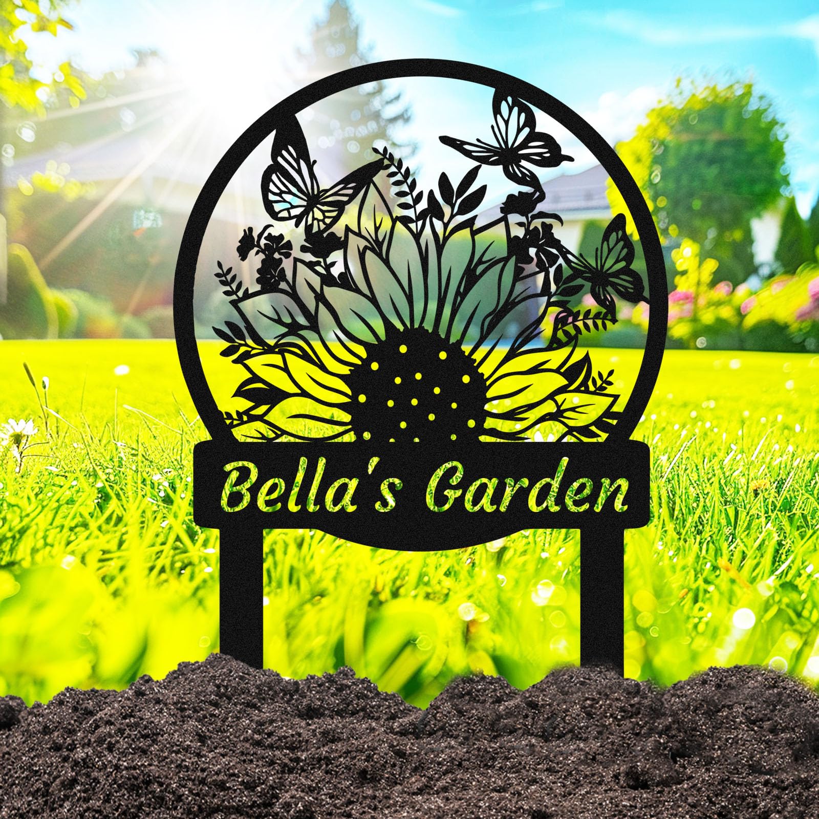 Adthyuxq Butterfly4 Personalized Butterfly Sunflower Garden Sign For Outside, Custom Flower Butterflies Garden Stake Metal Outdoor Decor Yard Sign With Stakes, Customized Name Sunflower Butterfly Lawn Sign