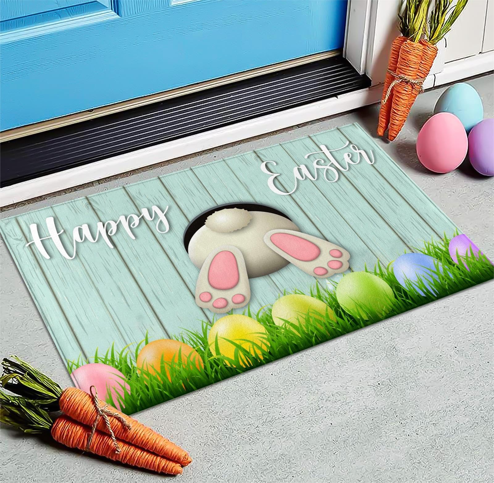 GAGEC Happy Easter Door Mat Cute Bunny Rabbit Floral