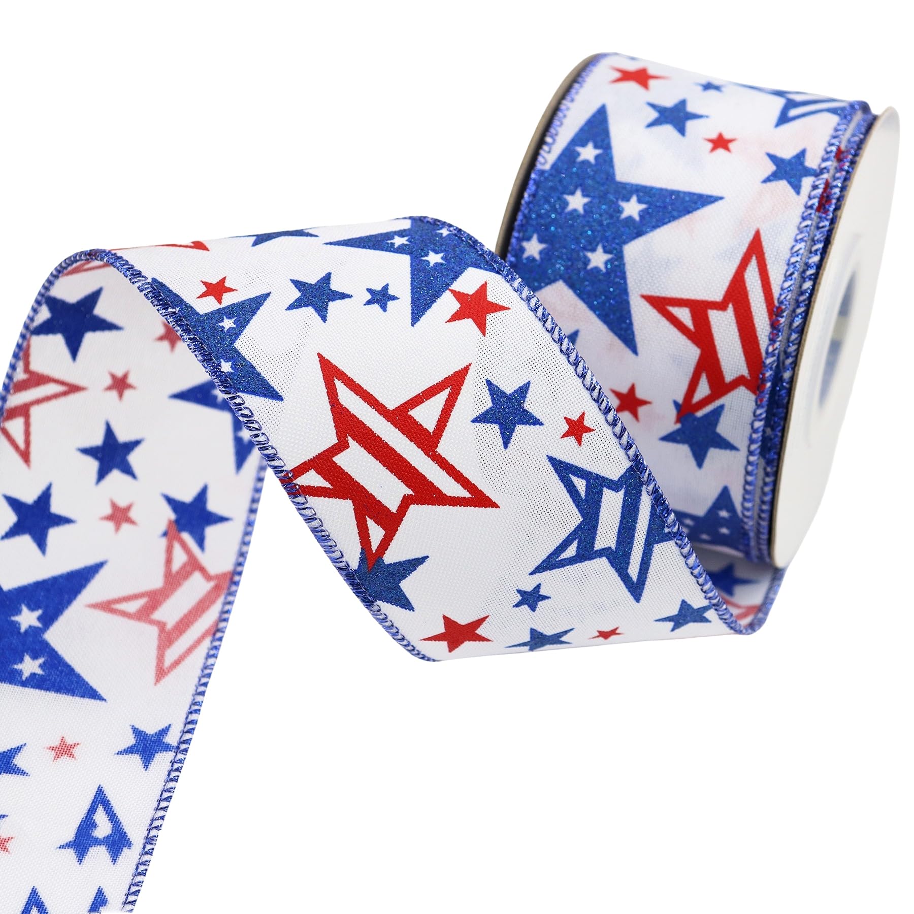 Patriotic Ribbons American Flag Star Striped Wired Ribbon Red Blue White Glitter Star Ribbons for Memorial Day 4th of July Independence Day Bow DIY
