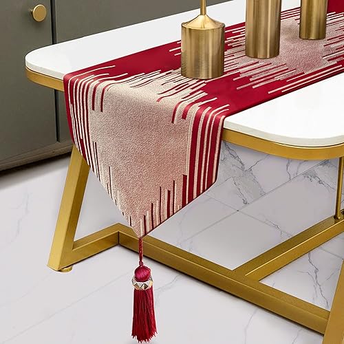 Miniatura 7 de Fullony Caminos de mesa bordados beige de 13 x 72 pulgadas de largo con borlas de lujo, líneas geométricas abstractas modernas para el hogar, sala