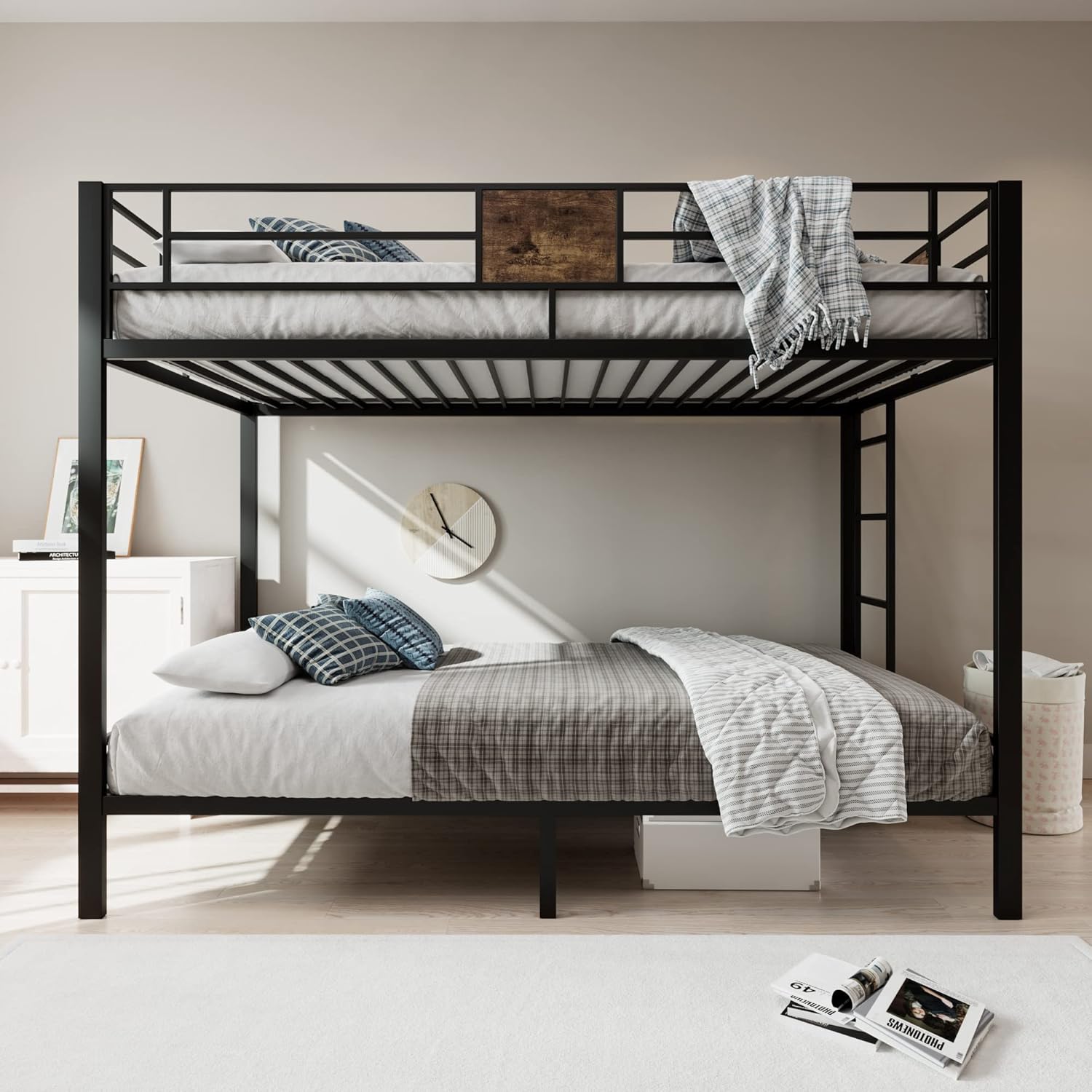 MUTICOR Loft Bunk Beds Twin Over Twin Size,Metal Frame with Guardrail and Stairs, Small Space Saving Furniture for Bedroom Dorm, No Box Spring Needed,Rustic Black