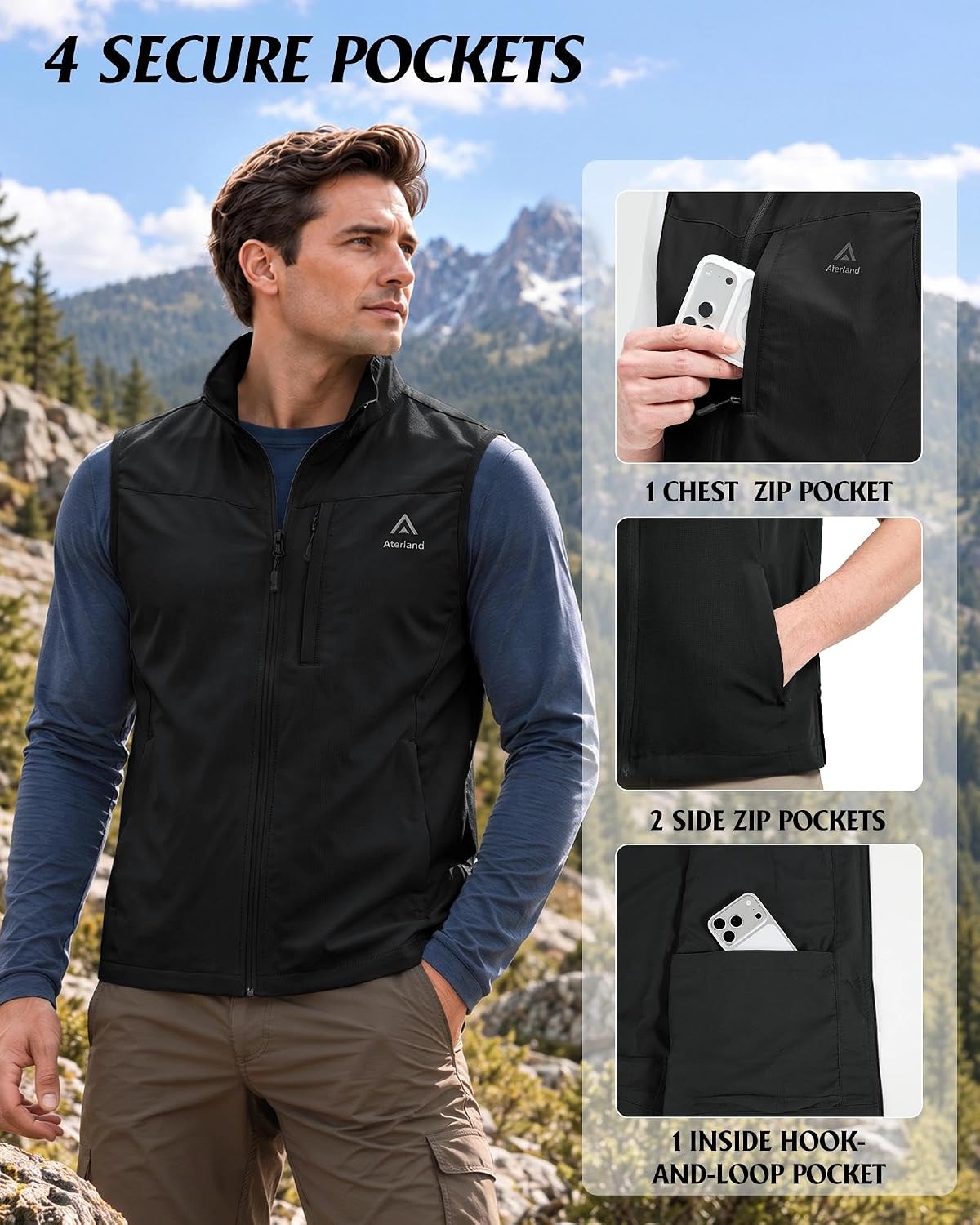Men's Lightweight Hiking Vest, Water-Repellent 4-Way Stretch