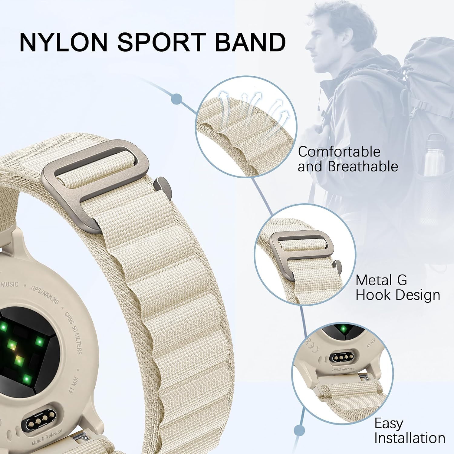 22mm Nylon Bands Compatible with Garmin Venu 3 Watch Band/Venu 4 45mm/Venu 2/Vivoactive 4/Forerunner 265/255/570-47mm, Alpine Loop Soft Breathable Adjustable Strap for Women Men image 2