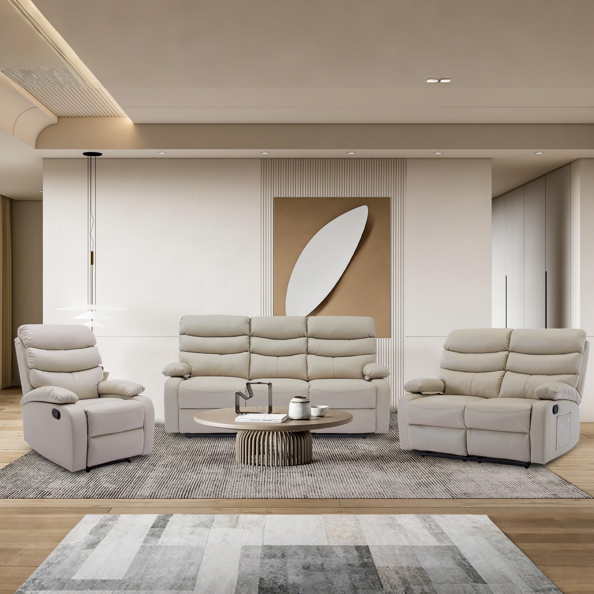 GNMLP2020 Recliner Sofa Set Leather Couch with Side Pockets and Reclining Seats for Living Room, Home Theater(3 Seat+Loveseat+Recliner, Beige)