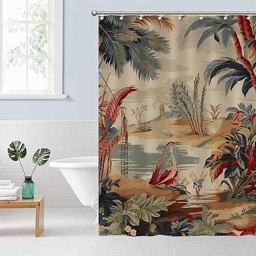 Miniatura 146 de Cortinas de ducha de baño con ganchos, 72 x 92 pulgadas, cortina de ducha de tela impermeable con diseño de flores y pájaros, cortina de ducha