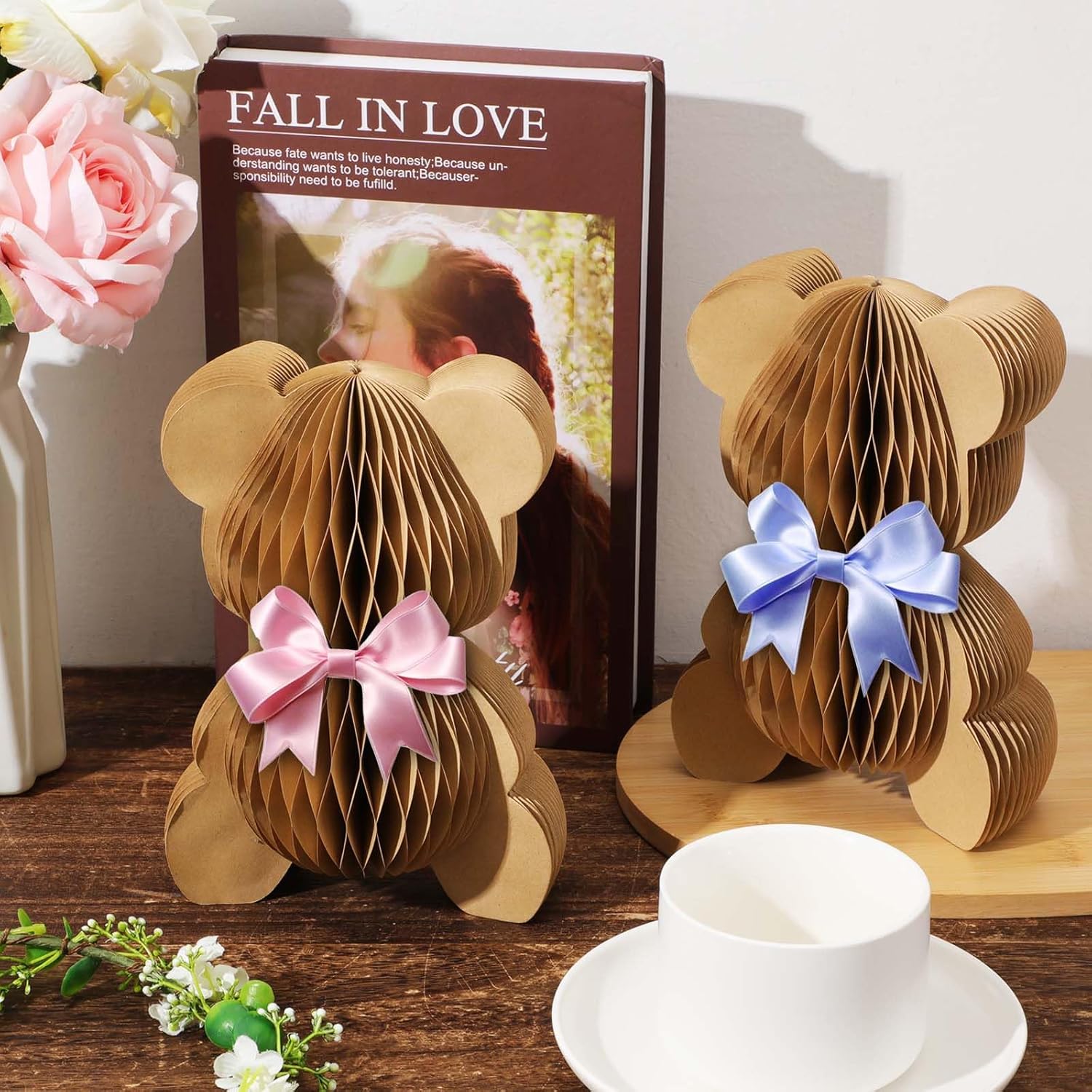 2pcs Bear Honeycomb Centerpieces, 7.9in Paper Bear Centerpieces for Teddy Baby Shower Bear Decorations Centerpieces Cute Bear Honeycomb Decor with Magnetic Closure for Kids Birthday Party