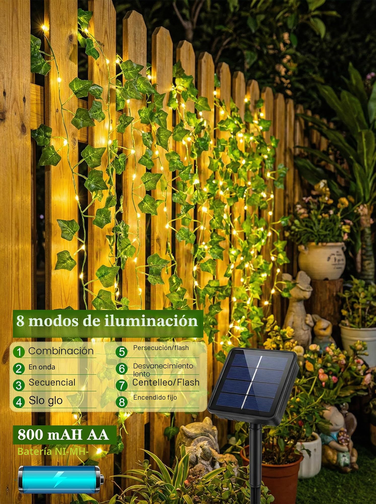 Cadena de luces solares para exteriores, 12M Cadena de luces de hiedra con 120 LED, Cadena de luces solares para exteriores resistentes al clima, 8 modos para jardín, balcón, terraza