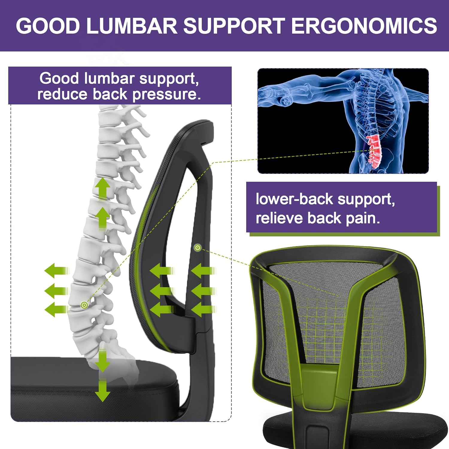 Swivel No Arms Small Home Desk Chair for Computer with Height Adjustable Lumber Support and Rotatoable Wheels for Small Spaces - Image 3