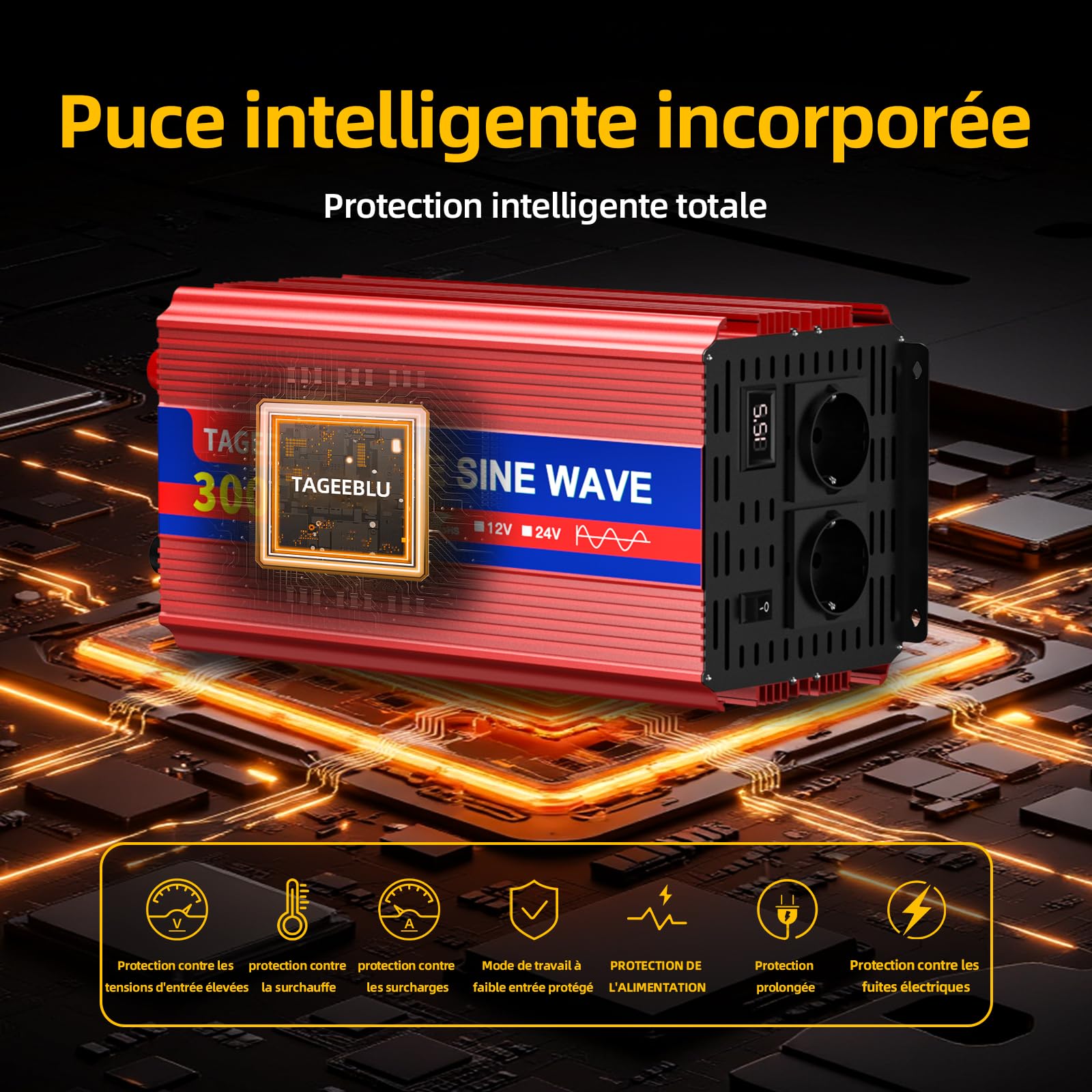 3000W convertisseur 12v 220v Pur Sinus, transformateur 12v 220v avec écran LCD, 2 Prises UE