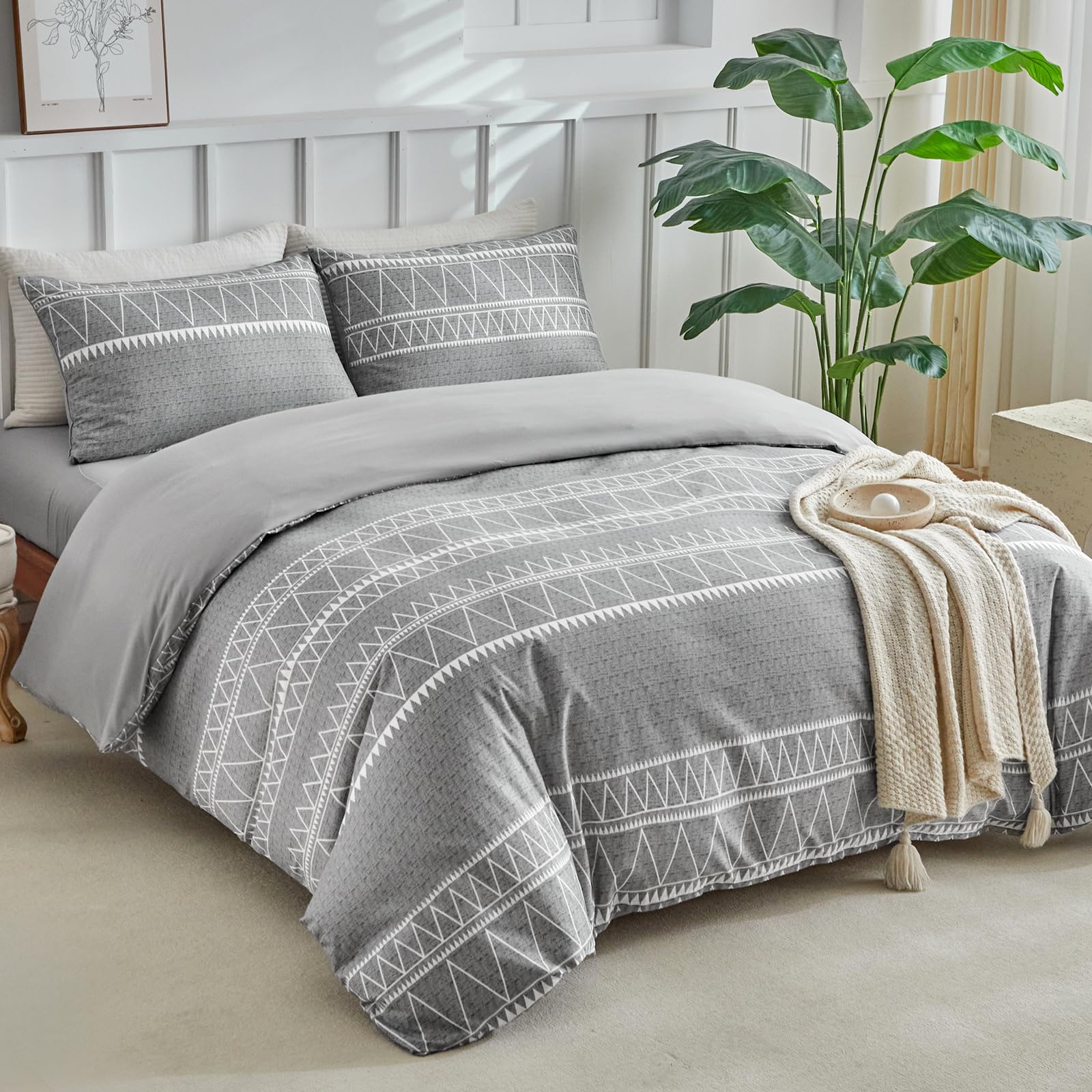 Tokokimo Juego de ropa de cama de 4 piezas, funda nórdica de 240 x 260 cm + sábana bajera de 160 x 200 cm con 2 fundas de almohada de 65 x 65 cm de microfibra, diseño bohemio, color gris