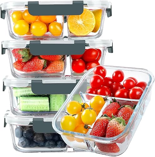 KOMUEE Recipientes de vidrio para preparación de comidas, 3 compartimentos con tapas, paquete de 5 unidades de 36 onzas, caja Bento de vidrio