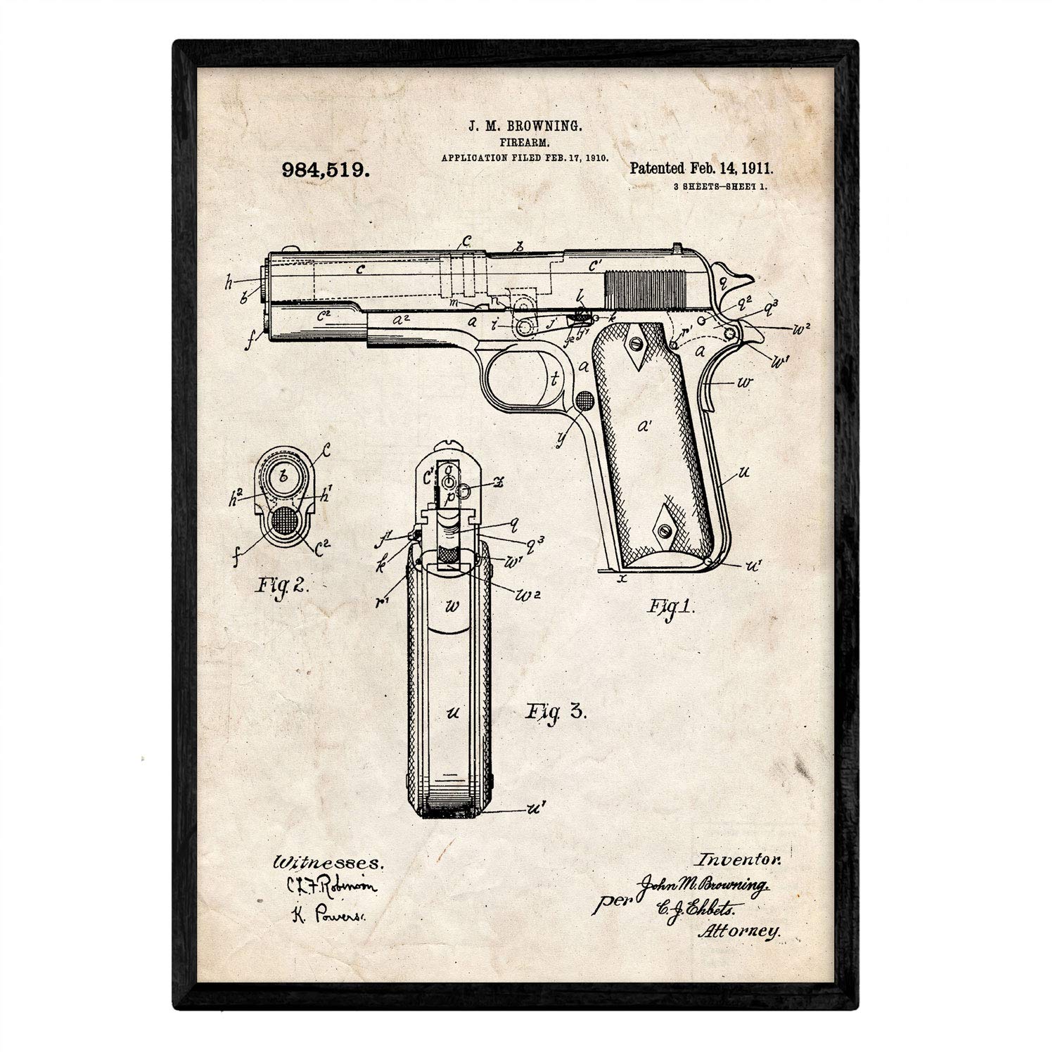 Nacnic Browning Gun Patent Framed Poster A3 Antique Patent Print Vintage Background With Frame