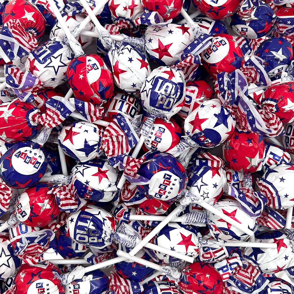 PartyWorks Patriotic Candy - 6 Pound Bulk Pack (105 Count) - 4th of July Lollipops - Red White and Blue Candy - Cherry, Vanilla, Blue Raspberry - Gum Filled Pops