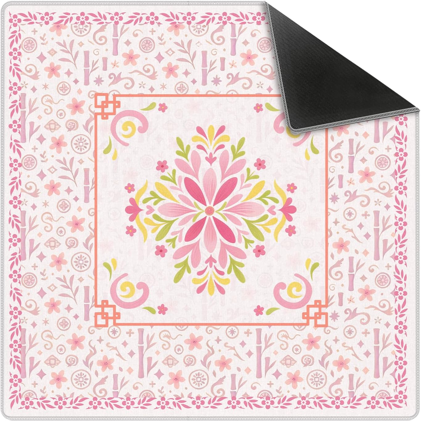 Turquoise Pink Floral Chinoiserie Mahjong Mat 31.5 x 31.5 in, Traditional Chinese Non-Slip Noise Reduction Gaming Mat for Table American Mahjong Poker Board Games Card Games Dominoes
