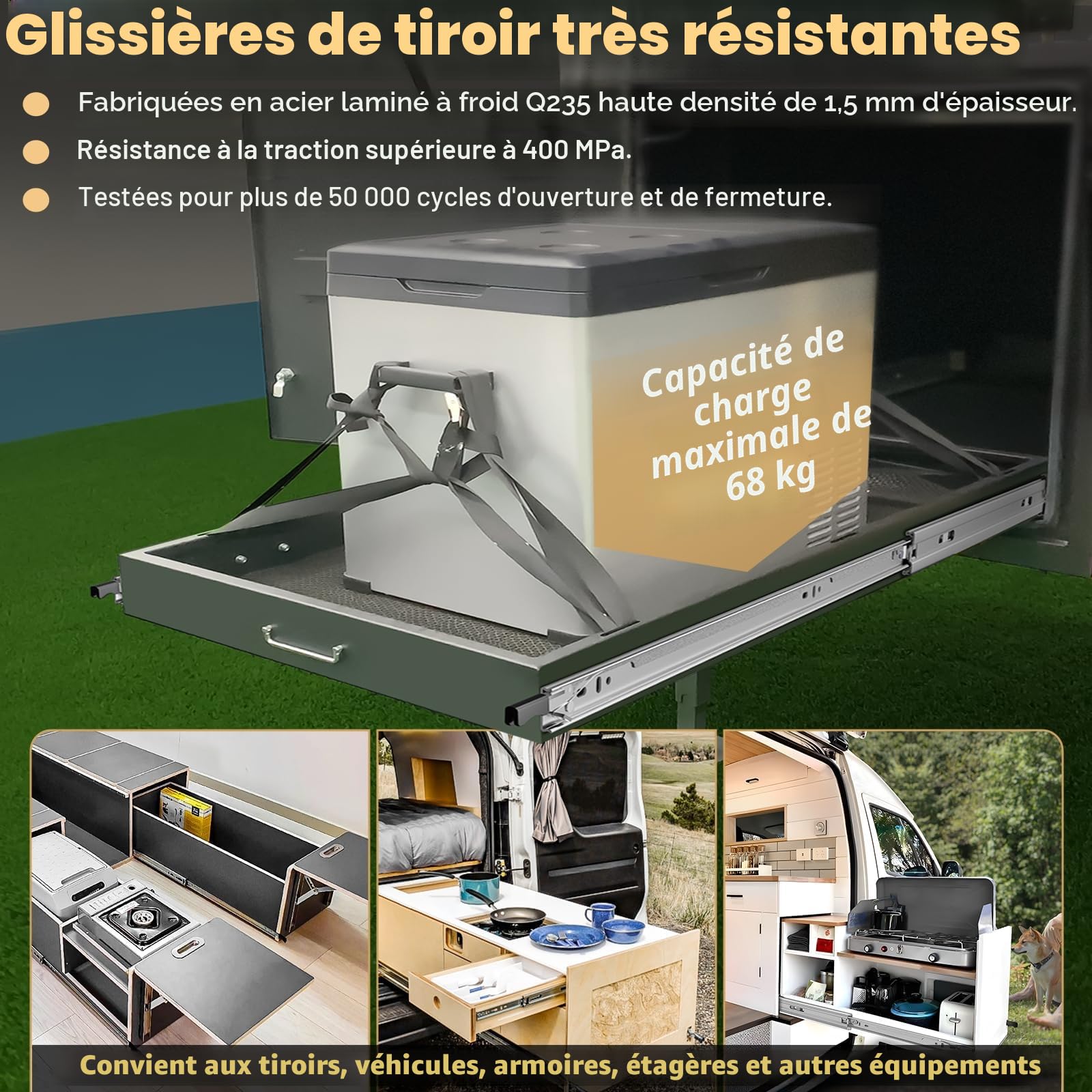 AOLISHENG Glissiere Pour Tiroir Charge Lourde 650 mm Avec Serrure Pour Camping Car & Van Latéral Coulisse de Tiroir Sortie Totale Rail Coulissant Glissière a Bille Charge max 68 kg 1 Paire(2 pièces)