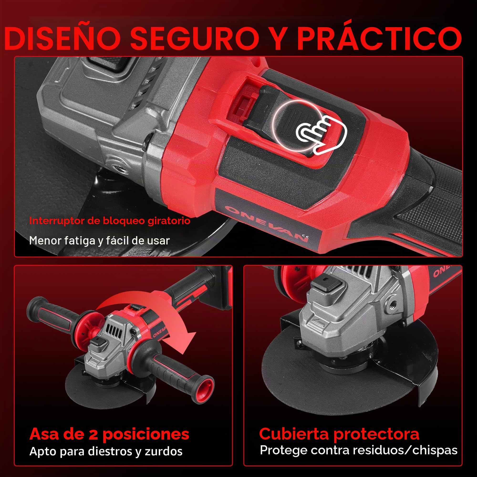 ONEVAN Amoladora Angular Inalámbrica 125mm 20V, Motor Sin Escobillas 8000 RPM con 2 Baterías 4.0Ah, Amoladora con Tapa de Bloqueo Rápido y Mango Antivibración Profesional