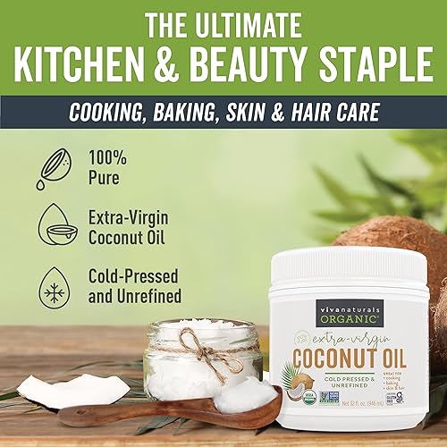 Vista 2 de Viva Naturals Aceite de coco orgánico, 32 onzas líquidas, sin refinar, aceite de coco virgen extra prensado en frío, orgánico y sin OMG, aceite
