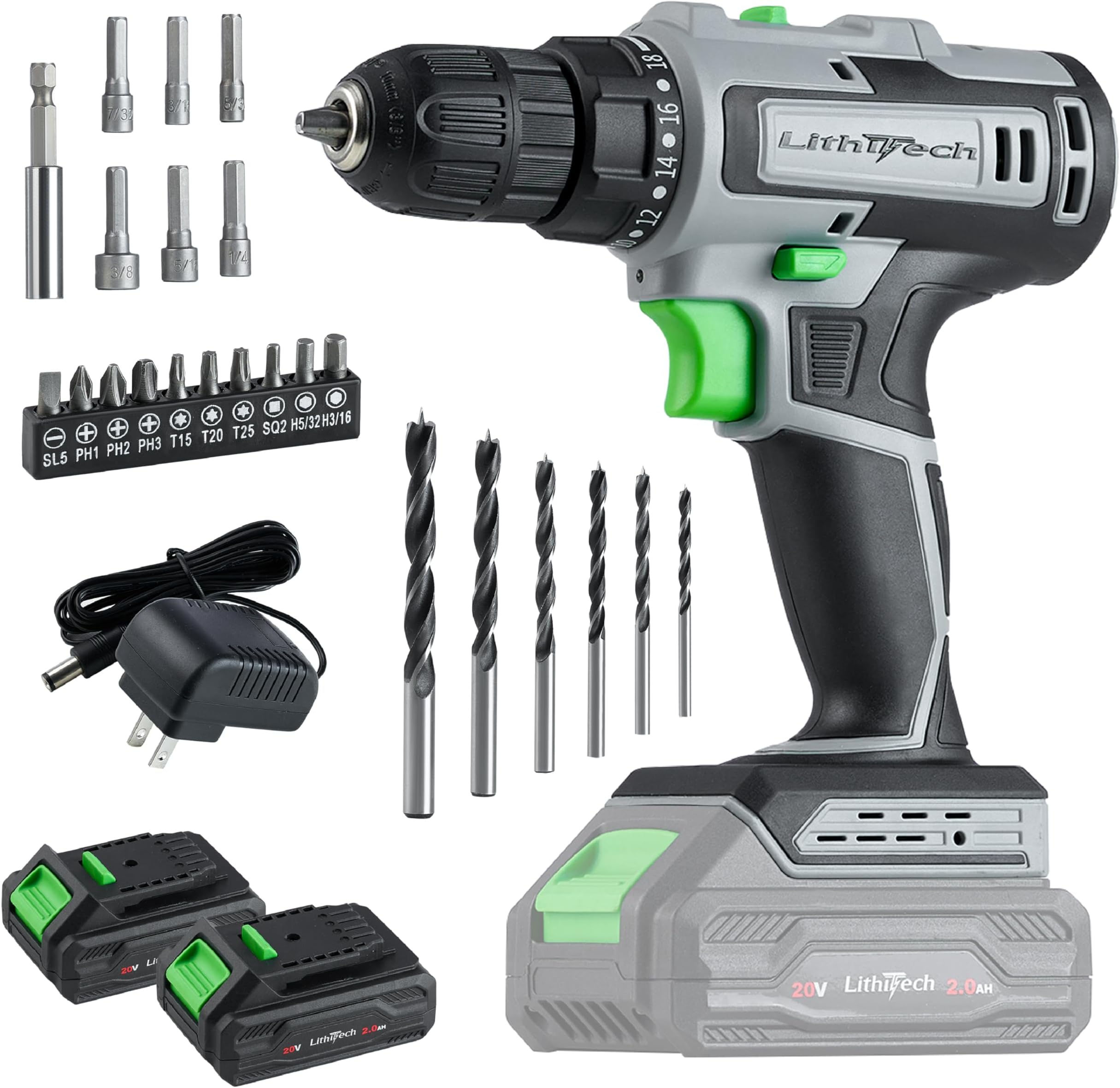 - Cordless Drill Set, 20V Power Drill with Battery 2.0Ah and Charger, 2 Batteries, 3/8-Inch Keyless Chuck Electric drill, 18+1 Position, 2 Variable Speed, 380 In-lb Torque (Green)