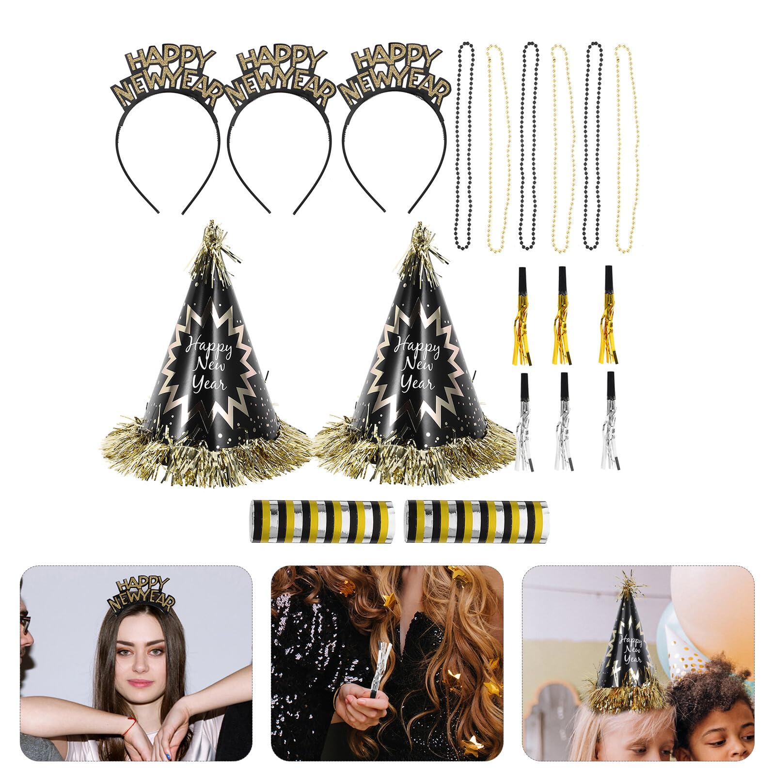 TEHAUX Kit de Fête pour Nouvel An Colliers de Perles Décoratifs Cotillons Chapeaux Coniques Articles de Fête et Décorations pour Soirée