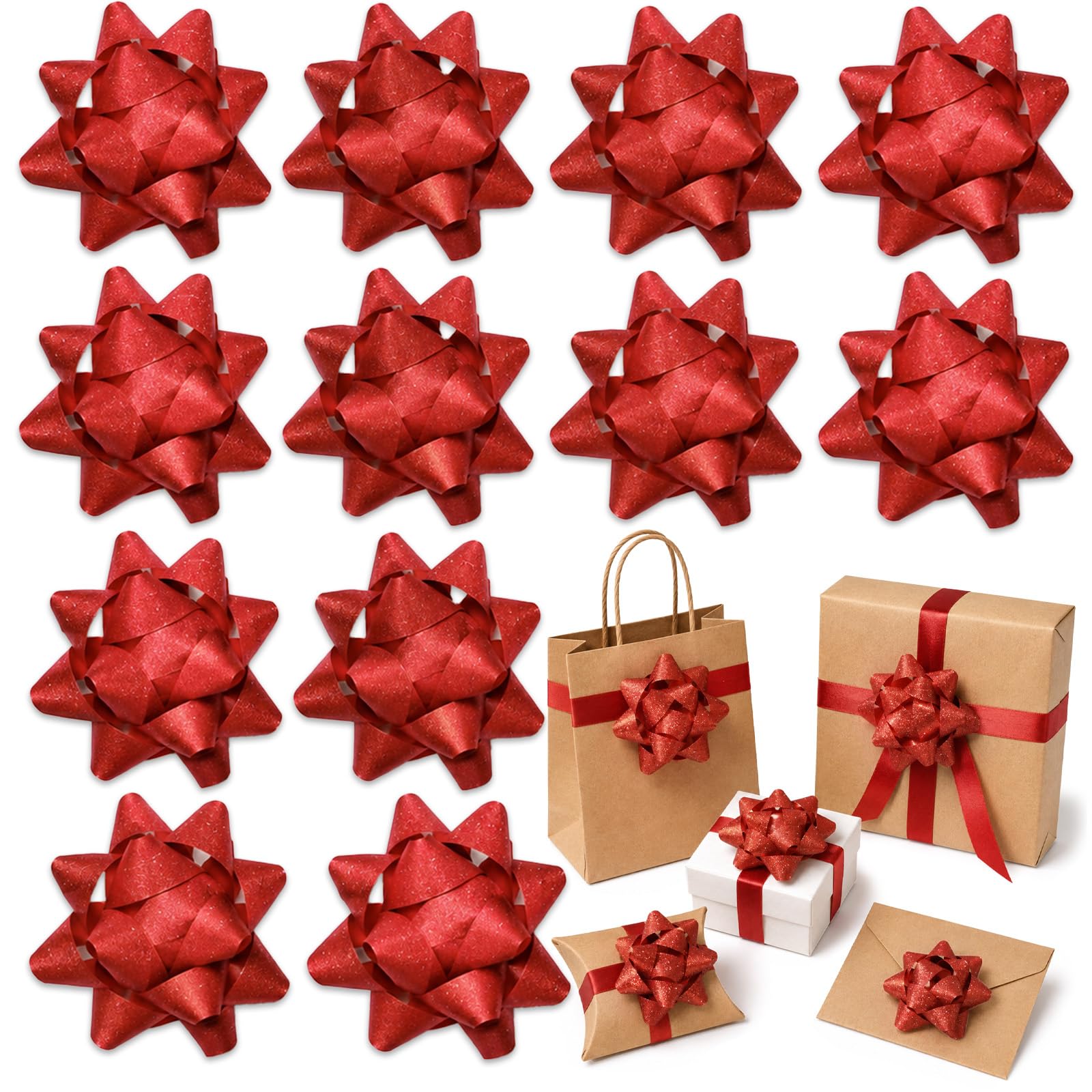 12PCS Red Christmas Bows 6.3 cm Shining Gift Bows for Christmas Decoration