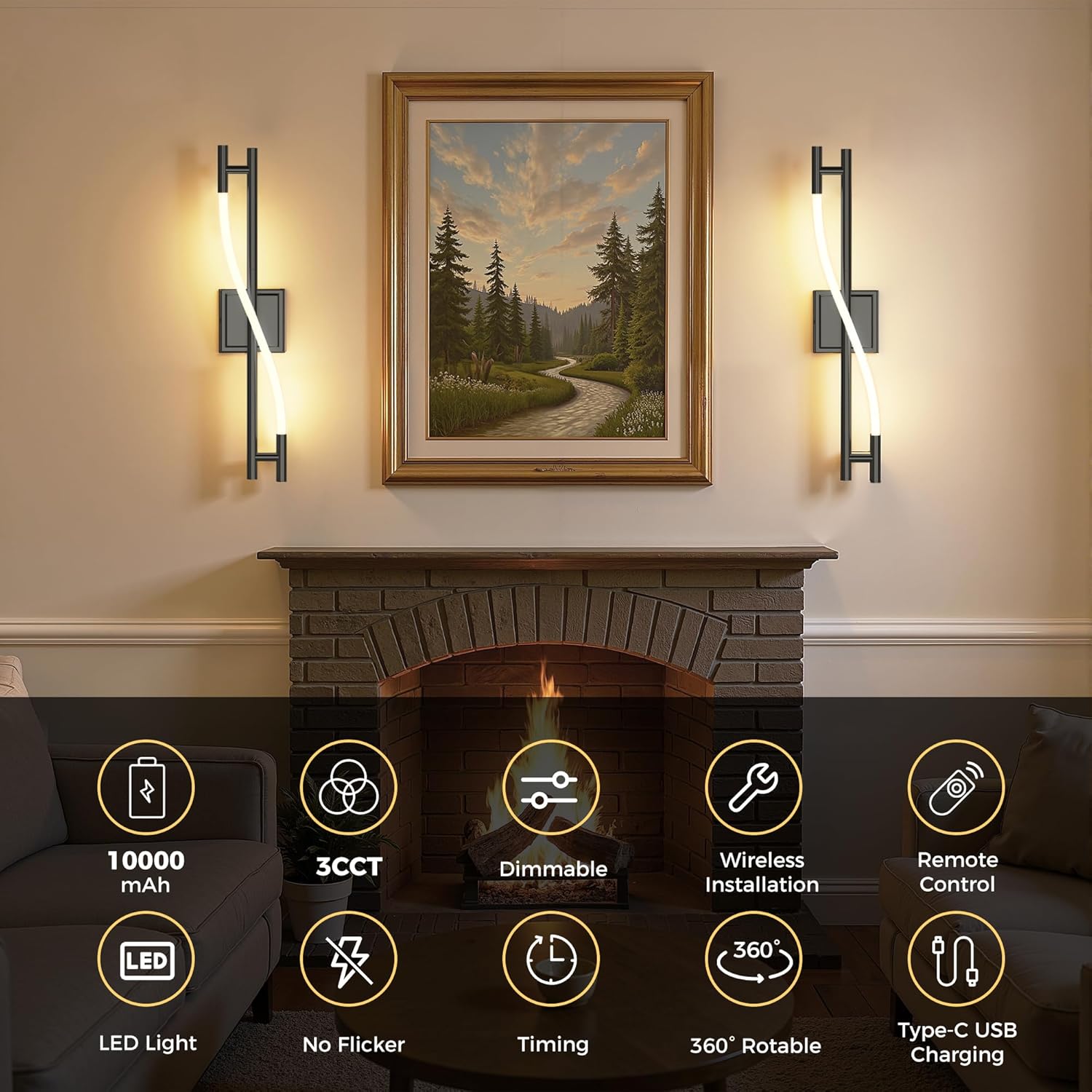 L LOHAS LED Battery Operated Wall Sconces Set of 2, Rechargeable Wall Lights with Braided Light Strip, Dimmable Spiral Light Sconces with Remote, Wireless Wall Lights for Living Room Bedroom, Black