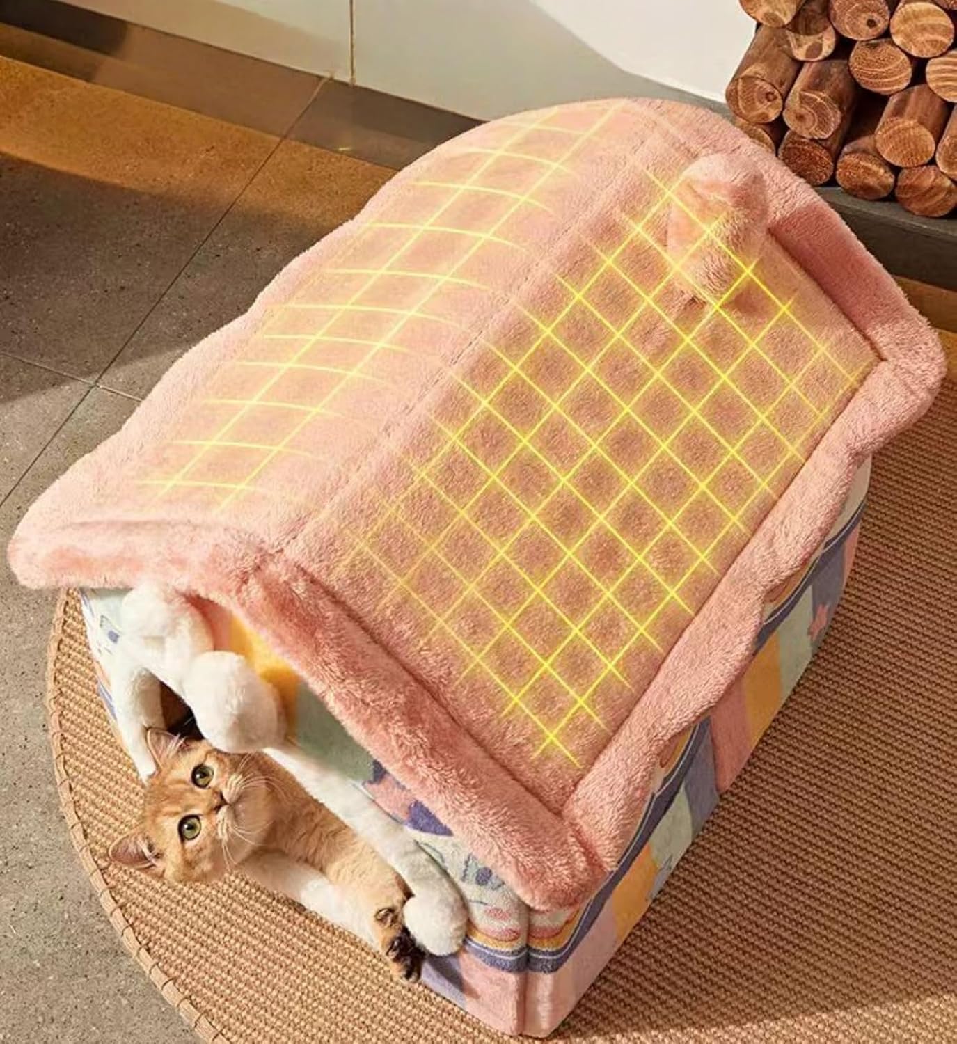 Cat Bed Cave, Cute Bear Shape Cat Beds for Indoor Cats, Pet House Cats Tent with Removable Cushion Pillow for Kittens Puppy Small Dogs (Pink, S)