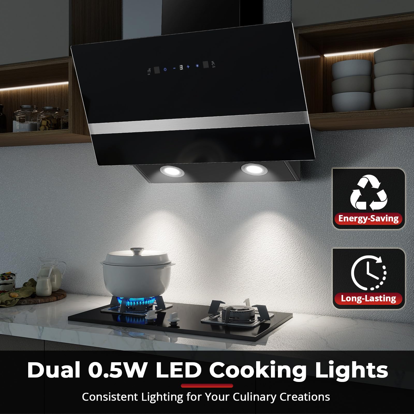 SNDOAS Okap 60 cm, okap kuchenny skośny 450 m³/h, klasa energetyczna A+++, 3 prędkości + tryb Boost z kontrolą dotykową, recyrkulacją i wyładowaniem, 58 dB, LED, czarne szkło