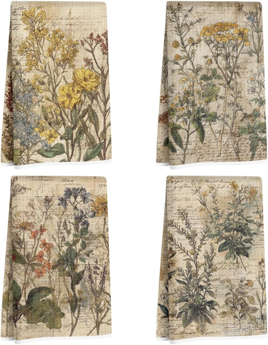 4 Pcs Vintage Botanical Kitchen Towels, Floral Decorative Absorbent Microfiber Dish Cloth Tea Towel, Waffle Soft Hand Towels for Kitchen Home Bathroom Farmhouse Decor, Housewarming Gifts