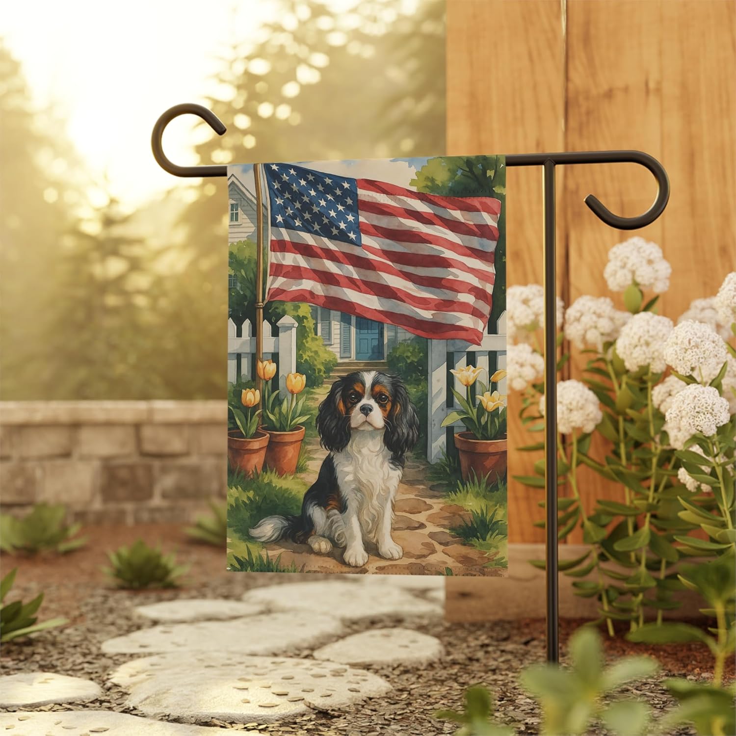 PUDDINFLAGS Tricolor King Charles Cavalier Spaniel Garden Flag, 4th of July, US Yard Outside Decor, Patriotic Housewarming