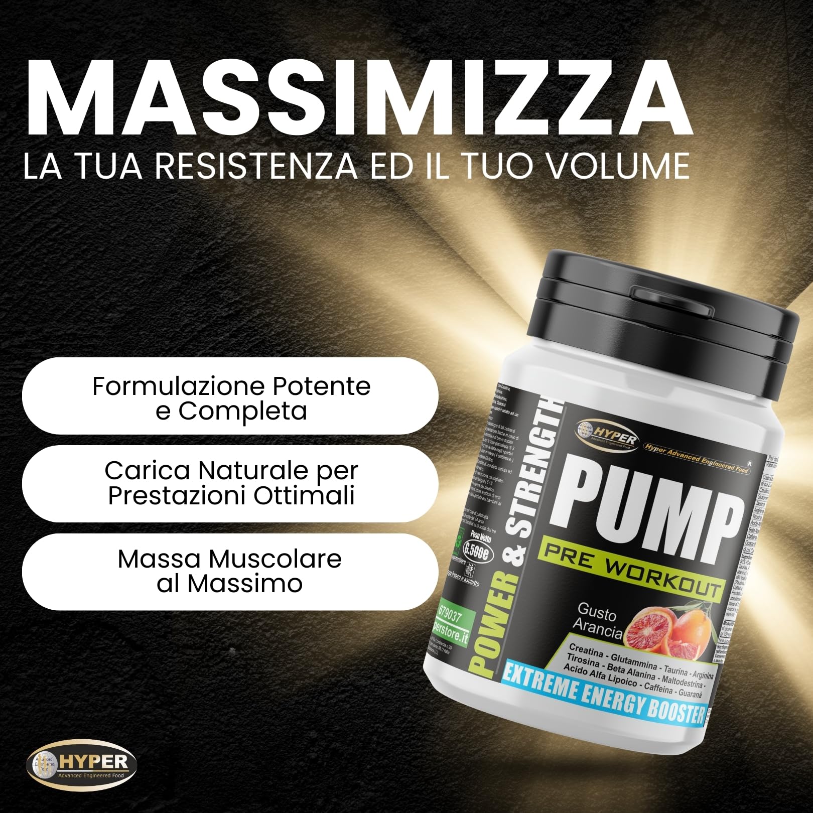 Hyper Pre Workout Potente Power & Strength Pump 500 gr - Preworkout Bodybuilding con Creatina, Glutammina, Taurina, Arginina, Tirosina, Acido Alfa Lipoico, Beta Alanina, Caffeina e Guaranà.