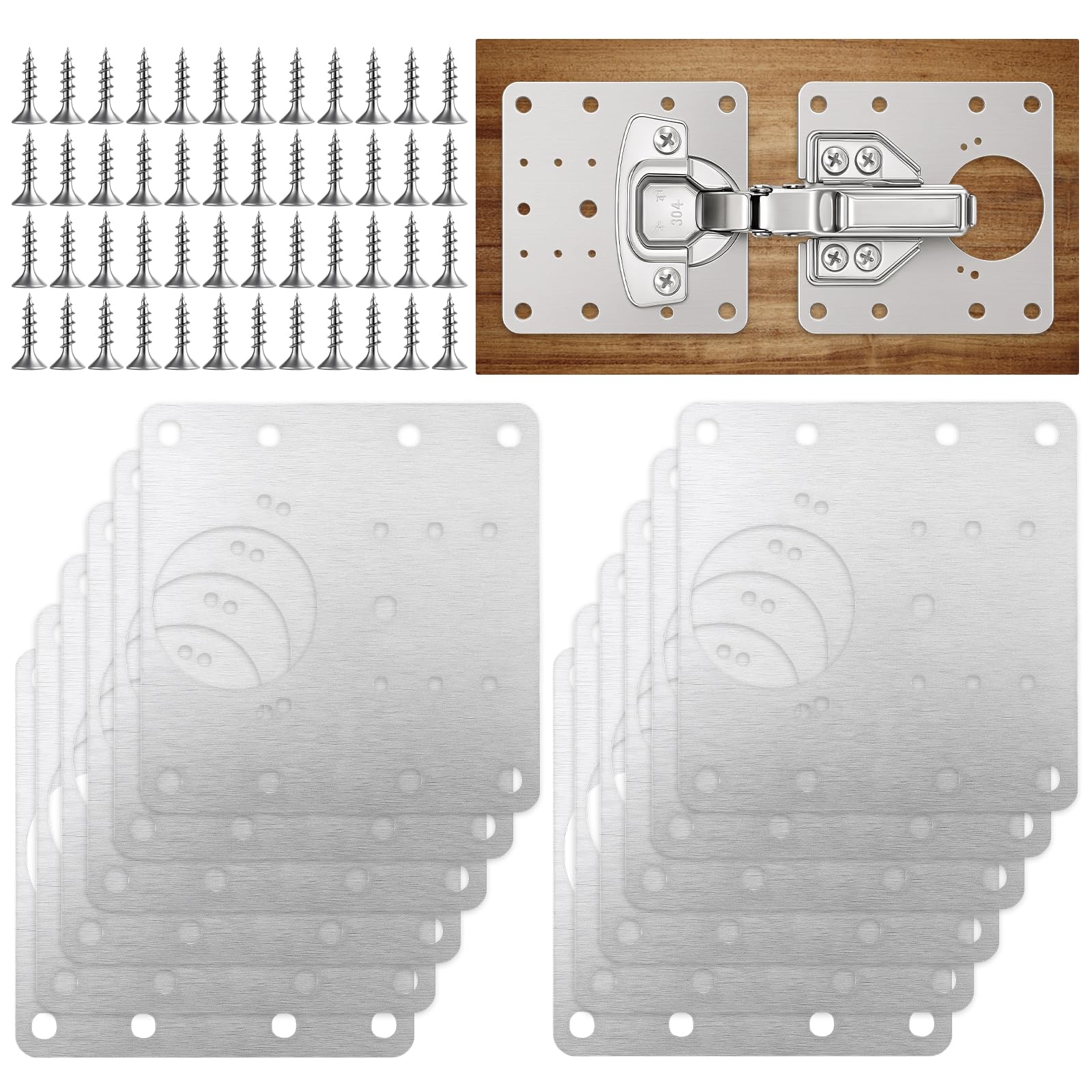 12 Pcs 90x90mm Hinge Repair Plates with Screws, Stainless Steel Cabinet Hinge Repair Kit with Screws, Kitchen Cupboard Door Hinge Repair Plate for Furniture Maintenance