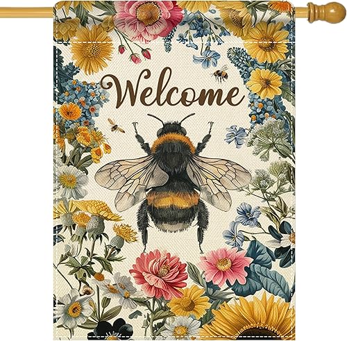 Artofy Bandera decorativa grande de primavera y verano con diseño de abejorro de abejorros para casa, decoración exterior de jardín con flores de