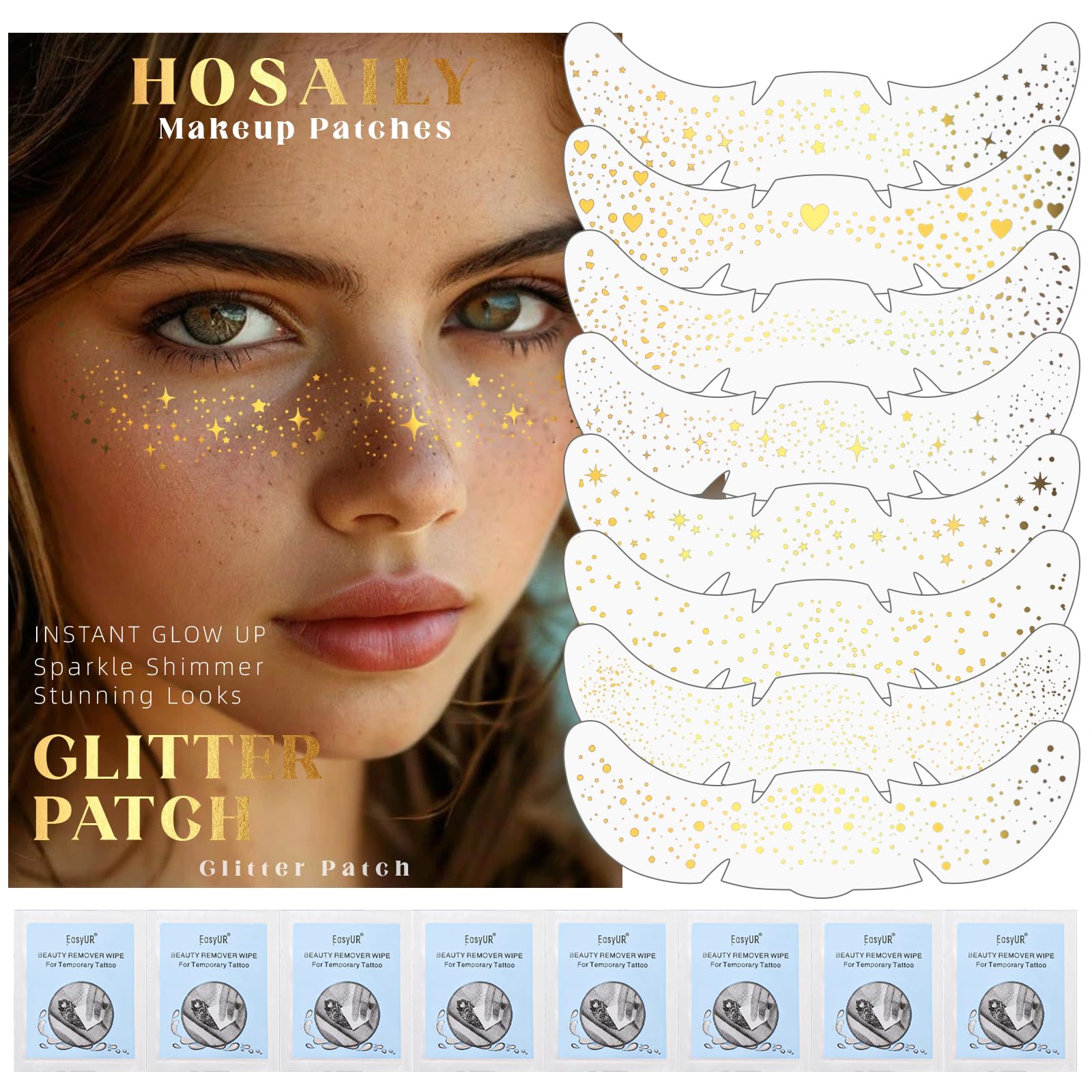 HOSAILY 8pcs Gold Glitter Freckles Sparkle Face Tattoo for Rave Accessories Set F:8 gold