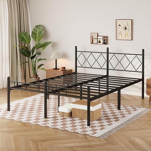 Miniatura 11 de Base de cama de tamaño matrimonial de 14 pulgadas, no necesita somier, plataforma de metal resistente con cabecera y estribo, sin ruido, soporte de