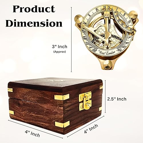 Miniatura 2 de ANTIQUANA Brújula de reloj de sol de latón dorado con caja de madera Brújula de reloj de sol náutico vintage