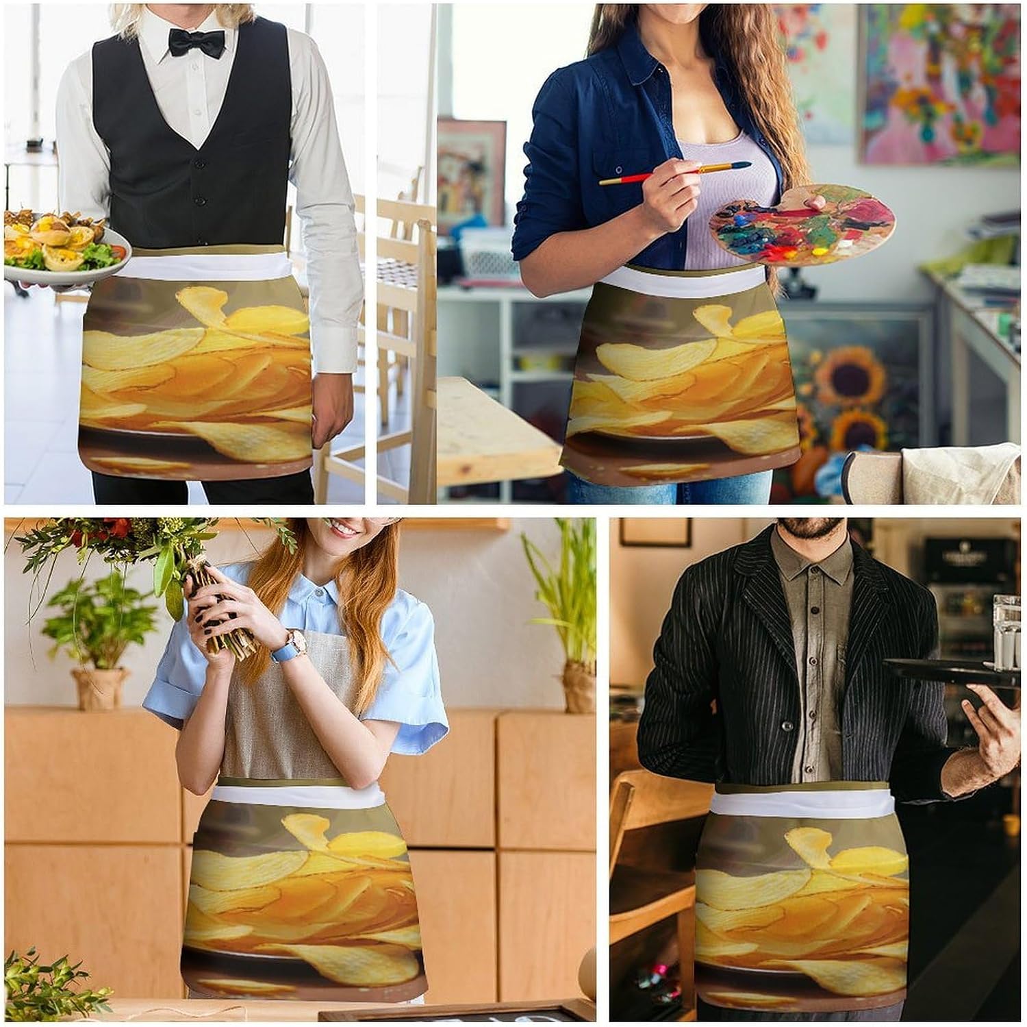 Potato Chips Server Aprons for Women And Men Waterproof Half Apron with 3 Pockets Deluxe Oxford Fabric Waist Aprons Adjustable Chef Apron for Kitchen Bar Home