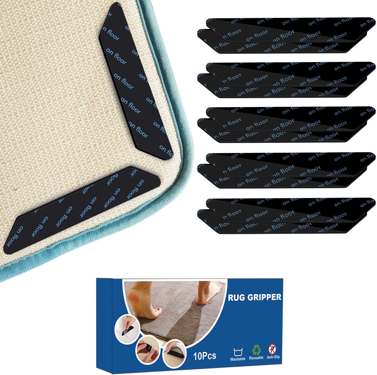 JESTIES Pack of 10 Anti-Slip and Reusable Rug Grippers for Wooden and Hard Floors, Washable Rug Pads or Carpet Stickers for all Types and Sizes of Rugs