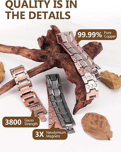 Miniatura 13 de Feraco Pulsera de cobre para hombre, 3 veces más fuerza, pulsera de terapia magnética, joyería de cobre con potentes imanes de 3800 Gauss